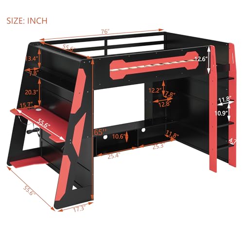 Harper & Bright Designs Full Size Gaming Loft Bed with Desk and Storage Shelves, Full Wooden Loft Bed Frame with RGB Light for Kids Boys Girls Adults (Red) Harper & Bright Designs