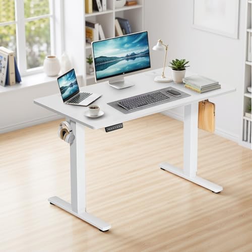 DUMOS Electric Standing Desk 39.4 x 23.6 Inch, Height Adjustable Sit Stand Desk with LED Display, Memory Presets, Hooks & Cable Holes, Ergonomic Workstation for Home Office, White DUMOS