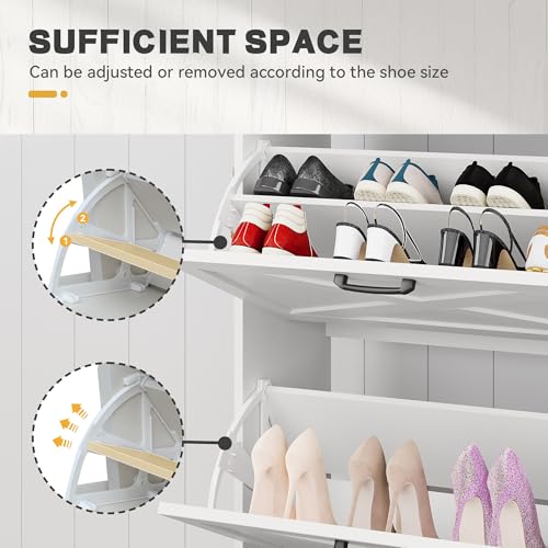DWVO Farmhouse Shoe Cabinet Bench with 2 Flip Drawers for 16 Pairs, Chic Entryway Bench and Rustic Design for Living Rooms and Hallways (White) DWVO