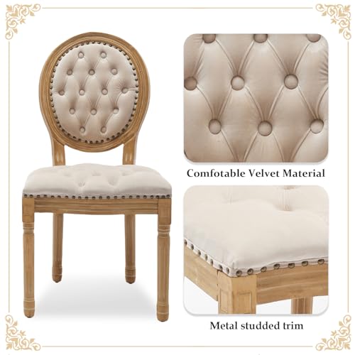 SoarFlash French Velvet Dining Chairs Set of 6, Vantage Dining Chair with Round Back, Wood Leg Farmhouse Country Dining Chair for Kitchen,Bedroom,Beige SoarFlash