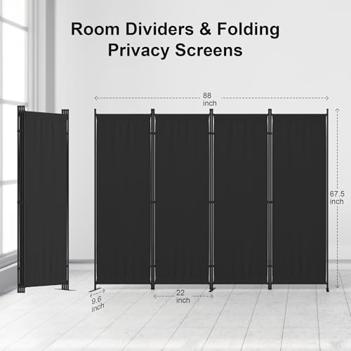 Kecreque Room Divider 4 Panel Partition Room Dividers & Folding Privacy Screens w/ 3 Metal Feet 6FT Portable Wall Doubles as a Dressing Screen Portable Wall for Office Kitchen Children's Room,Black Kecreque