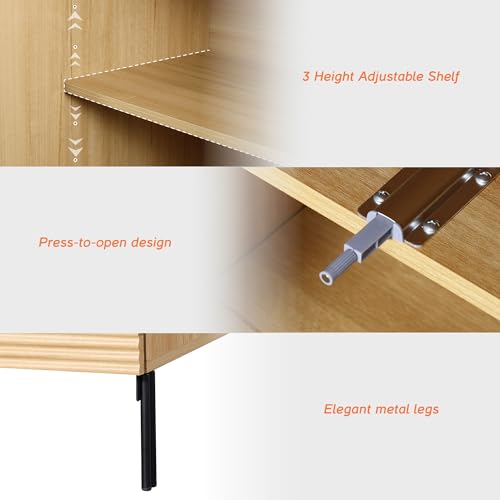 WAMPAT Fluted Nightstand Set of 2, 31.5" Wide Modern Mid Century End Table with 2 Doors, Wooden Bedside Table with Storage, Night Stand Sofa Table Side Table with Hidden Handles for Bedroom,Oak WAMPAT