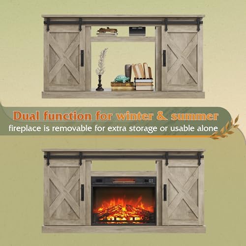 WLIVE Farmhouse Electric Fireplace TV Stand for TVs up to 65", Entertainment Center with Sliding X-Shaped Barn Door & Storage Cabinet, Media TV Console with 23" Fireplace for All Seasons, Grey Oak WLIVE