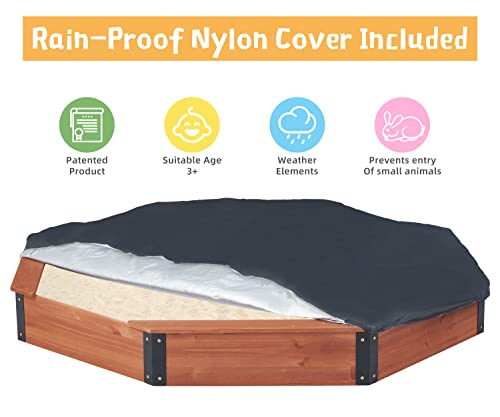 85''x78''x9'' Octagon Sandbox with Cover for Kids Outdoor Play, Wood Large Sandpit with 4 Benches, Quick Easy Install SoliWood