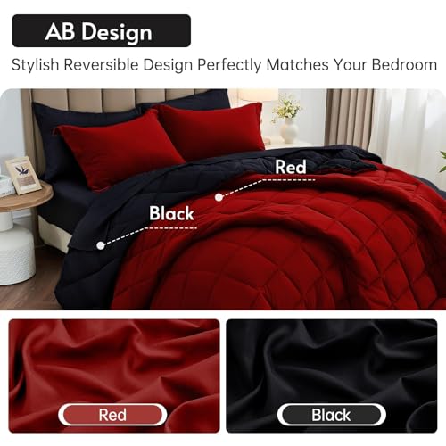 MUXHOMO 7 Pieces Queen Comforter Set, Reversible Bed in a Bag Queen Size, All Season Bedding Set with Comforter, Flat Sheet, Fitted Sheet, Pillowcases & Shams, Red & Black MUXHOMO