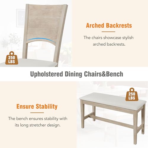 LUMISOL Dining Table Set for 6, Wood Half Round Dining Table Set with Long Bench and 4 Upholstered Chairs Solid Wood Dining Table Set, Modern Kitchen Table Set for 6 Persons, Natural LUMISOL