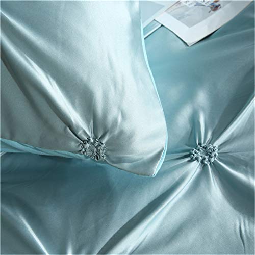 Erosebridal Blue Pinch Pleated Quilt Cover King Size Silk Like Satin Pintuck Bedding Set with Zipper Ruffle Design Luxury & Microfiber Comforter Cover Pintuck Decorative Bedspread Cover Erosebridal