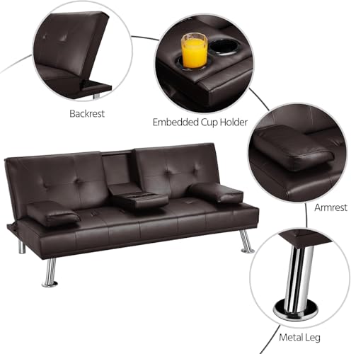Futon Sofa Bed Modern Folding Couch for Small Space, Faux Leather Convertible Loveseat Sleeper Bed Daybed Recliner Lounge Sofas for Living Room,2 Cup Holders,Metal Legs,Removable Armrests (Brown) Anwick