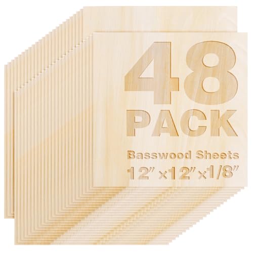Basswood Sheets 12"x12"x1/8",3mm Basswood for Laser Cutting,Thin Plywood Board Unfinished Wood for Crafts, DIY Architectural Models Making, Wood Engraving (12inchx12inch-1/8-48Packs) Qdpgyuan