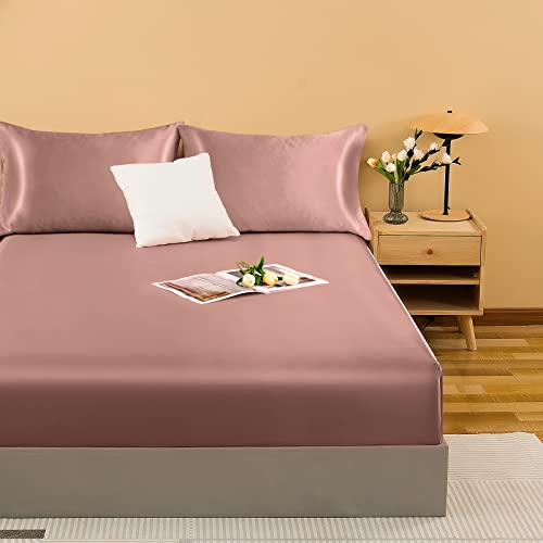NSGZ Satin Fitted Sheet Full, Single Silky Fitted Sheet Only Soft Deep Pocket Bottom Bed Sheets, Wrinkle Free & Fade Resistant & Breathable Bottom Sheets- Champagne NSGZ