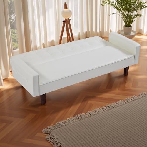 liuyouhom 74" Modern Futon Couch, Futon Sofa Bed, Mid Century Sofa Bed, Loveseat, Couches for Small Spaces, Living Room, Bedroom (Faux Leather, White) liuyouhom