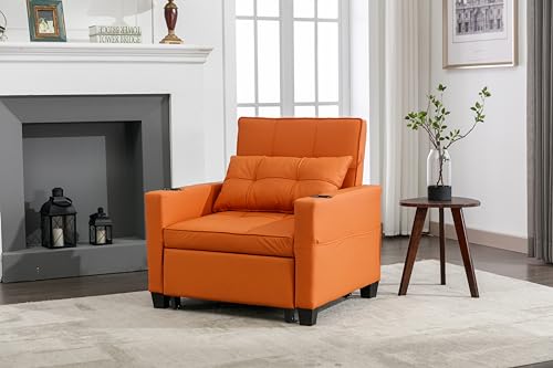 LENA LACED Convertable Futon Chair Bed with USB Ports and Cup Holders, 3-in-1 Design for Living Room, Orange Leather LENA LACED