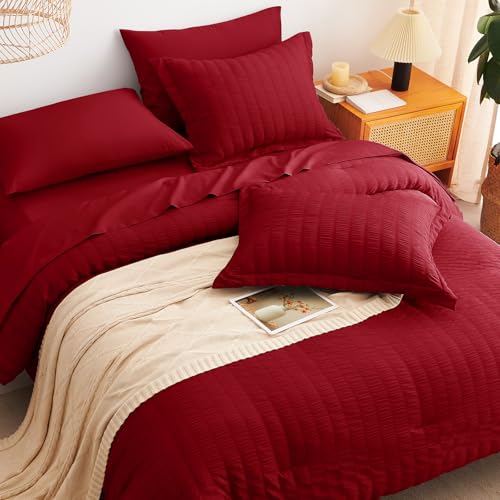CozyLux King Size Comforter Set Dark Red Seersucker 7 Pieces Bed in a Bag King Comforter Set with Sheets, Luxury Bedding Sets with Down Alternative Comforter, Sheets, Pillowcases & Shams All Seasons
