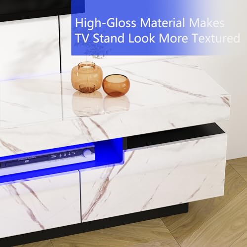 Uspeedy 70IN White TV Stand for 75/80 inch TV,Modern LED TV Stand for Living Room,High Gloss Entertainment Center with Storage Drawer,APP RGB Light,TV Console,Television Stands(Marbling) Uspeedy