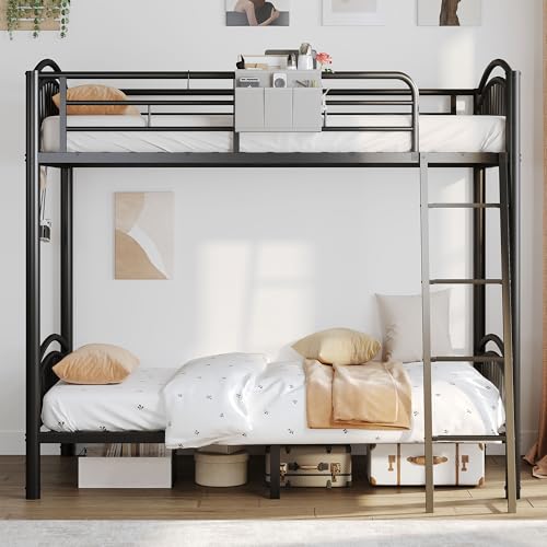 Decofy Metal Bunk Bed Twin Over Twin, Heavy Duty Industrial Bunkbeds for Teen with Bedside Caddy, Convertible Ladder & Flat Rungs, Space Saving Bunkbed Frame for Bedroom Dorm, No Box Spring Needed