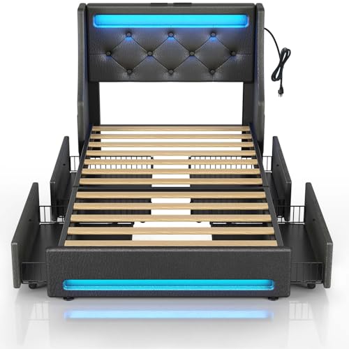 Rolanstar Twin Bed Frame with LED Lights and Charging Station, PU Leather Bed with Drawers, Wooden Slats, Noise Free, Easy Assembly, Black Rolanstar