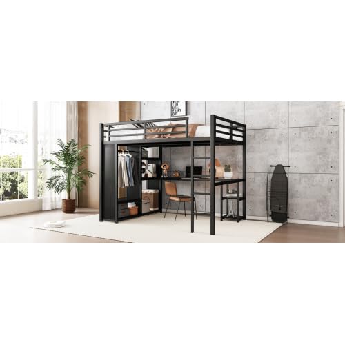 Queen Size Loft Bed with Built-in Wardrobe, Metal Loft Bed Frame with Desk and Storage Shelves, Black Bellemave