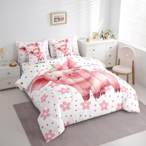 Erosebridal Cartoon Pig Bedding Comforter Sets 7 Pieces Pink Flower Floral Bed in a Bag, Cute Piggy Twin Bedding Sets Kawaii Farm Animal Comforter Set, Chic Blossoms Bedding Sets & Collections Erosebridal