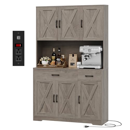 HOSTACK 71" Pantry Cabinet with Charging Station, Tall Kitchen Pantry Storage Cabinet with Microwave Stand, Farmhouse Kitchen Hutch with Storage Drawers for Living Room, Dining Room, Ash Grey HOSTACK