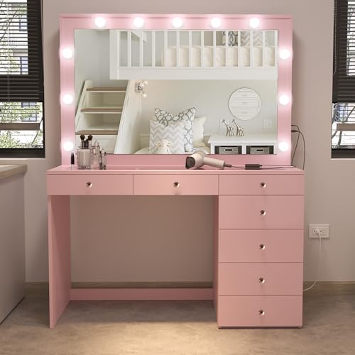 Boahaus Serena Large Makeup Vanity Desk with Hollywood Lights, 11 Drawers, Hair Dryer Hanger, USB Type-C & Type-A, 110V Power Outlet for Beauty Tools, Glass Top, Crystal Knobs – Premium Pink Finish Boahaus
