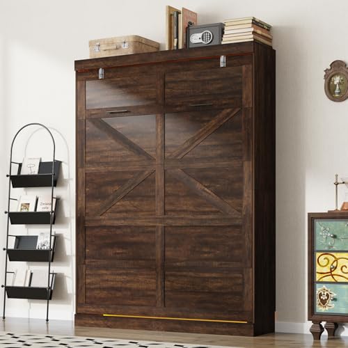 Hlivelood Full Size Murphy Bed with 2 LED Lights, Farmhouse Wood Hidden Foldable Wall Bed Frame w/Gas Struts, Storage Bed Cabinet for Bedroom, Office, Space-Saving, No Box Spring Needed, Brown Hlivelood