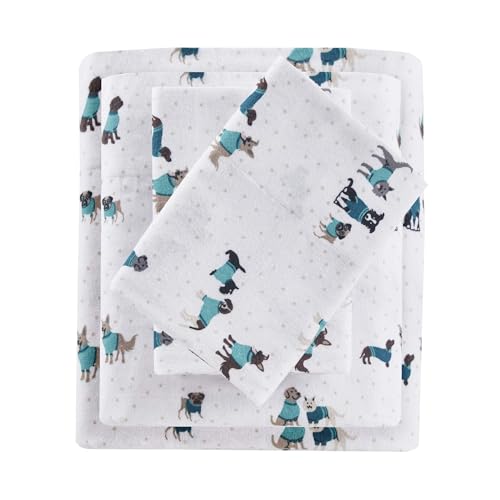 Intelligent Design Cozy Soft 100% Cotton Flannel Print Animals Stars Cute Warm, Ultra Soft Cold Weather Sheet Set Bedding, Full, Teal Dogs 4 Piece Intelligent Design
