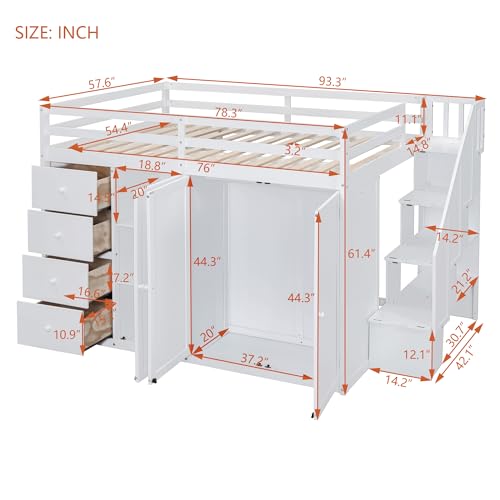 Harper & Bright Designs Full Size Loft Bed with Stairs and Wardrobes, Solid Wood Loft Bed Frame with Storage Cabinets and Drawers for Kids Teens Adults, Weight Capacity: 600LBS, White Harper & Bright Designs