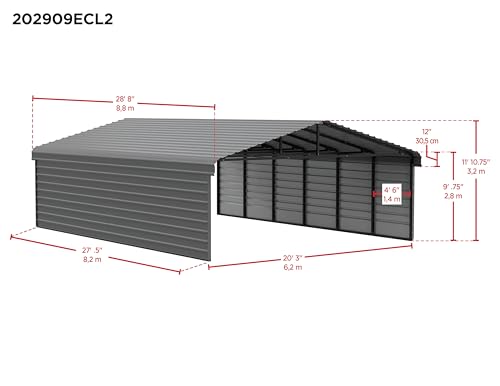 Arrow Carports Galvanized Steel Carport, with 2-Sided Enclosure, Compact Car Metal Carport Kit, 20' x 29' x 9', Charcoal ShelterLogic