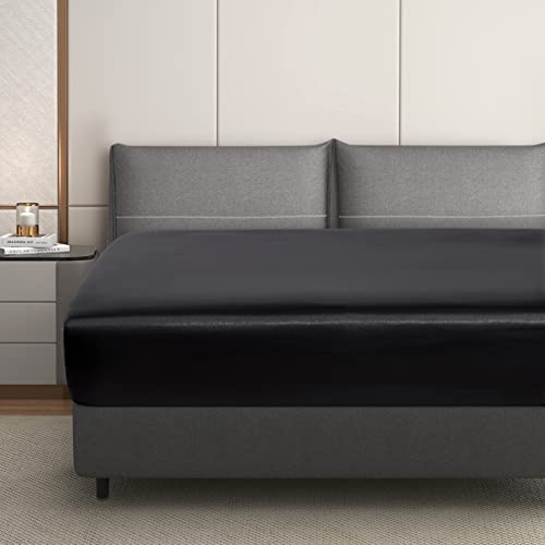 HommxJF Silk Satin Black Full Fitted Sheet, Deep Pocket Fitted Sheet Only, Breathable, Non- Fading, Fully Elasticized Bed Sheets Sold Separately HommxJF