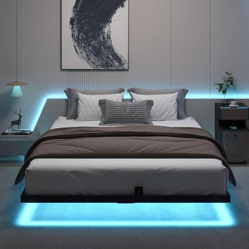 HOMBCK Floating Bed Frame Full Size with LED Light, Modern Metal Bed Frame, No Box Spring Needed, Noise Free, Easy Assembly HOMBCK