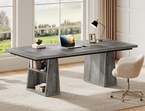 YITAHOME 63" Executive Desk, Large Office Desk Computer Desk with Double Pedestal and Storage Shelves, Wood Simple Workstations Writing Table Conference Table Business Furniture for Home Office, Grey YITAHOME