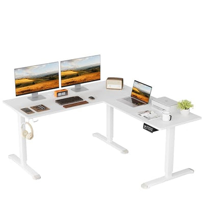 Shahoo L-Shaped Electric Standing Desk, 63 x 55 Inches Height Adjustable Coner Table, Home Office Computer Workstation, White, 63 x 55 Inch