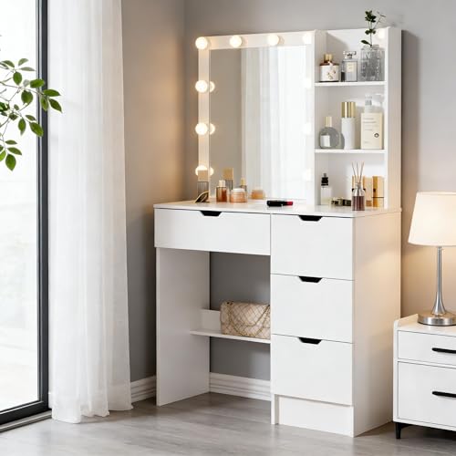 onesaimei Makeup Vanity Desk with Mirror and LED Lights, Vanity Desk with Drawers and Multiple Shelvers, Dressing Table with with Lighted Mirror for Bedroom, White onesaimei