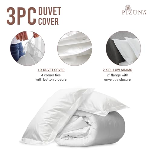 Pizuna Pure 100% Cotton Full Duvet Cover Set, Luxurious 400 Thread Count Long Staple Cotton Sateen Weave with Button Closure (Combed White Cotton Duvet Cover Full) Pizuna