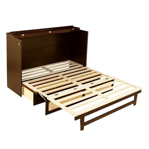 PVWIIK Queen Size Multi-Functional Bed Frame with Rattan Decoration Panel and Drawer for Girls/Boys,Home Office, Studio,Bedroom,Cabinet Murphy Bed w/Plank Support,No Box Spring Needed, Walnut PVWIIK