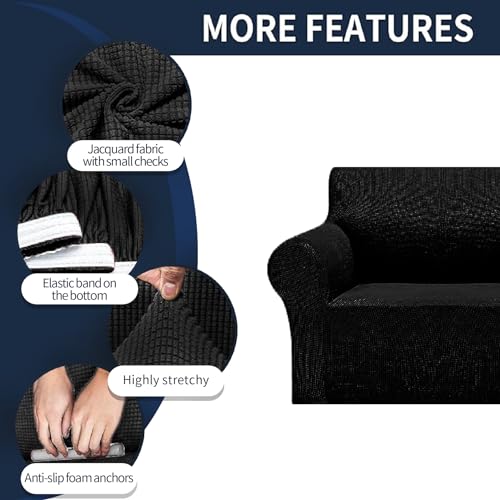 Cupuamon 2026 New Stretch Sofa Slipcovers Couch Cover for 3 Cushion Furniture Protector Sofa Covers with Elastic Bottom Jacquard Fabric Small Checks for Pets, Kids -Sofa, Black Cupuamon
