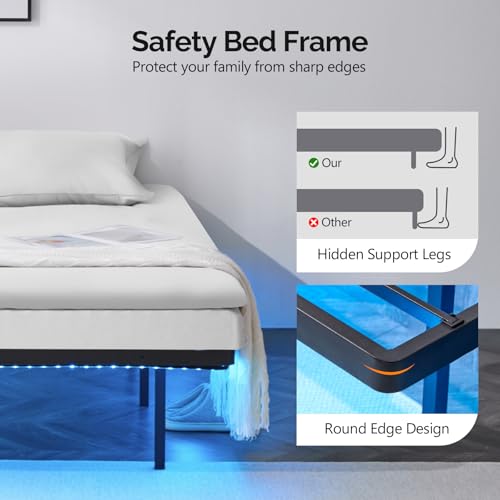 VINGLI 14 Inch Twin Floating Bed Frame with USB Charging Station/LED Lights, Single Platform Bed Foudation Base Heavy Duty Metal Slat, No Box Spring Needed,Black VINGLI