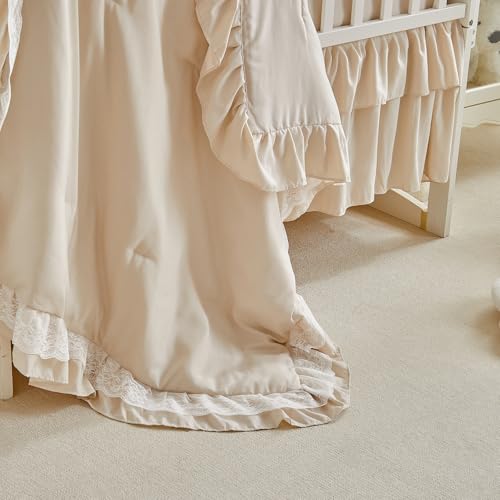 Lace Ruffle Crib Bedding Set 3 Pieces Baby Boho Lace Quilted Comforter with Fitted Sheet and Bed Skirt - Cute Ruffled Shabby Chic Baby Bedding Soft Blanket Design Pink UOZZI BEDDING