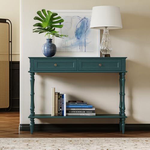 ARTPOWER Console Table for Entryway with 2 Drawers-Minimal Assembly,Green Retro Entryway Table with Storage Cabinets and Open Shelf,Narrow Long Couch Table Behind Sofa for Living Room,Foyer,Hallway ARTPOWER