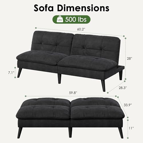 Vongrasig Futon Sofa Bed Velvet Futon Couch with Adjustable Backrest, Small Convertible Folding Sleeper Sofa Bed, Modern Loveseat for Living Room, Bedroom and Small Space, Black Vongrasig