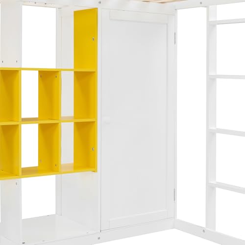 Ball & Cast Twin Size Loft Bed with Wardrobe and Reversible Staircase,Multifunction Wood Bed Frame W/Shelves & Cabinet,Full-Length Guardrails,No Box Spring Needed,for Bedroom,Student,White+Yellow Ball & Cast