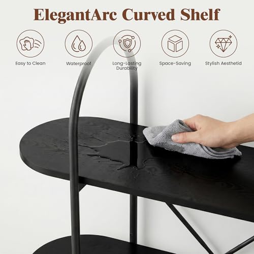 Tall Vinyl Record Player Stand, 4 Tier Arched Bookshelf with Sliding Doors, Retro Small Record Storage Cabinet, Fluted Media Display Shelf, Mid Century Modern Turntable Stand for Living Room, Black Quelthar