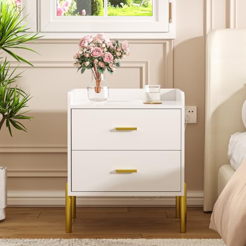 Vabches Nightstand with Built-in Charging Station, White Mid Century Modern Nightstand for Bedroom, Stylish End Tables for Lamps, Books Vabches