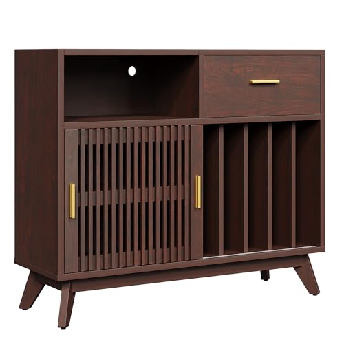 IRONCK Large Record Player Stand, 500+ Vinyl Record Storage Cabinet with Drawer, Record Player Table with Sliding Door & Flip-Top, Mid-Century Modern Turntable Stand for Living Room, Red Walnut IRONCK