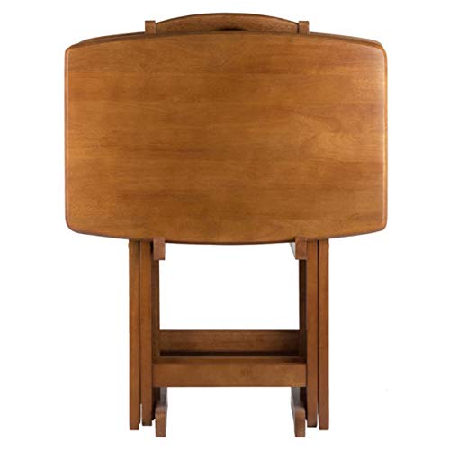 Ergode Wood Dylan 5-Piece Snack Table Set - Folding Solid Wood Teak Finish - includes 4 Snack Tables and Storage Stand, Space-Saving Design, Perfect for TV Meals and Outdoor Use Ergode