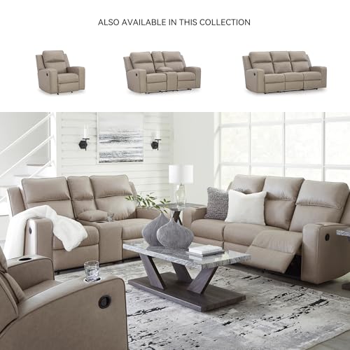 Signature Design by Ashley Lavenhorne Contemporary Faux Leather Manual Reclining Loveseat with Console and Cup Holders, Beige Signature Design by Ashley
