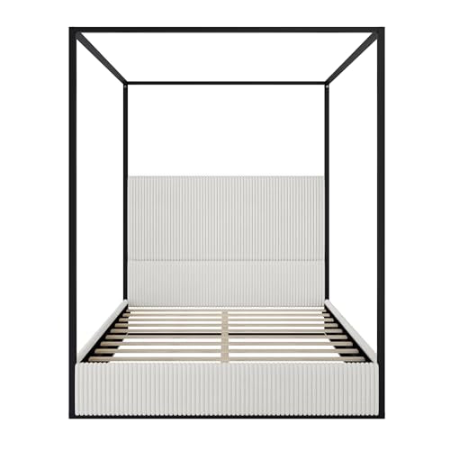 LUMISOL Queen Size Upholstered Canopy Bed, Metal 4 Poster Platform Bed with Tall Corduroy Headboard, Black Canopy Bed Frame with Headboard, No Box Spring Needed, White
