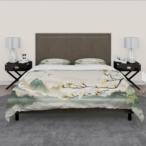 OLLIAR Home Magnolia Duvet Cover Chinese Landscape Ink Painting Green White Bedding Mountain Botanical Flowers Comforter Cover with 2 Pillowcases Super King Size OLLIAR Home