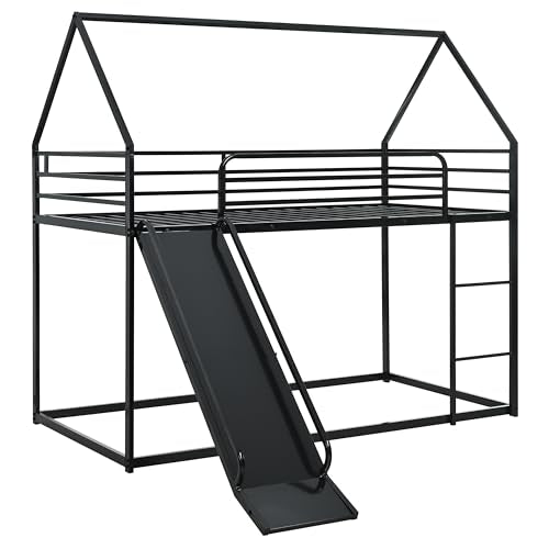 AEMSOFK Bunk Bed with Slide for Kids,Bunk Bed Twin Over Twin, Metal Junior House Low Bunk Bed, Toddler Floor Bunk Beds Frame with Guardrail for Kids, Convertible Slide and Ladder Noise Free(New Black) AEMSOFK