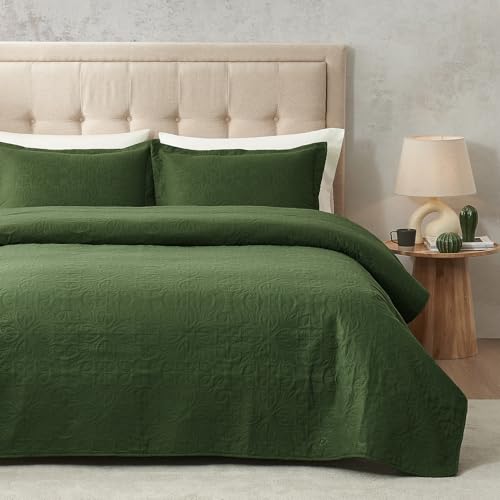 Hansleep Olive Green Quilt Twin Size - Baroque Ultrasonic All Season Bedspread Twin, Soft Lightweight Coverlet Bedding Set, 2 Pieces (1 Quilt, 1 Pillow Sham) Hansleep